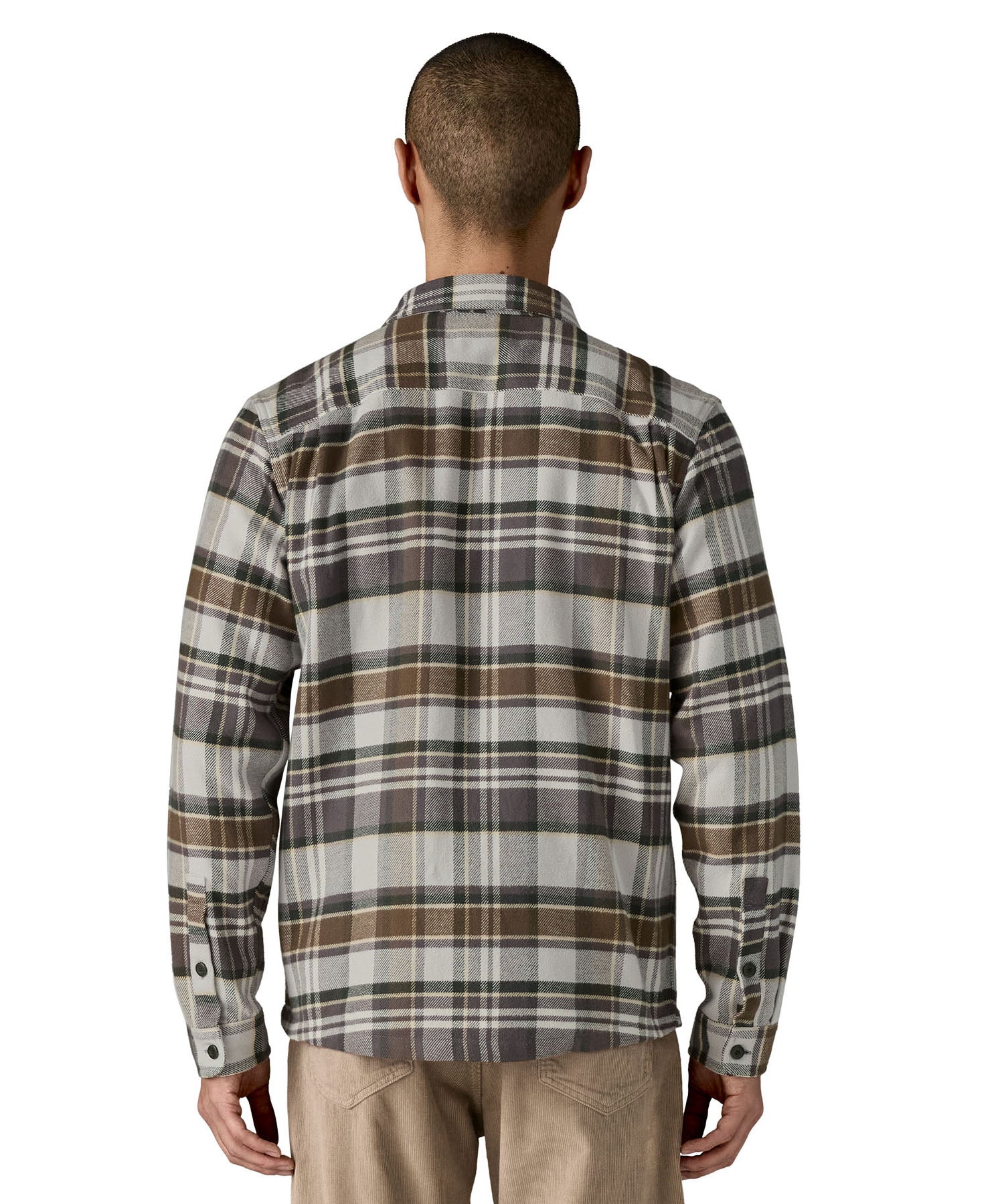 The back of the Patagonia fjord flannel shirt in blizzard/salt grey available at Babipur worn by a man