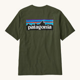 Patagonia Men's Tee - Torrey Pine Green. A dark green t-shirt made form organic cotton, with the Patagonia mountain range logo on the back