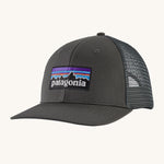 Patagonia P-6 Logo Trucker Hat - Forge Grey. A recycled material trucker hat, with an organic cotton peak, with a Patagonia mountain range logo on the front of the cap and mesh at the back