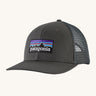 Patagonia P-6 Logo Trucker Hat - Forge Grey. A recycled material trucker hat, with an organic cotton peak, with a Patagonia mountain range logo on the front of the cap and mesh at the back