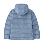 The back of the Patagonia kids hi loft down sweater hoody jacket in barnacle blue available at Babipur.