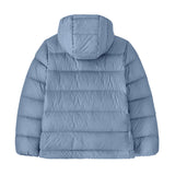 The back of the Patagonia kids hi loft down sweater hoody jacket in barnacle blue available at Babipur.