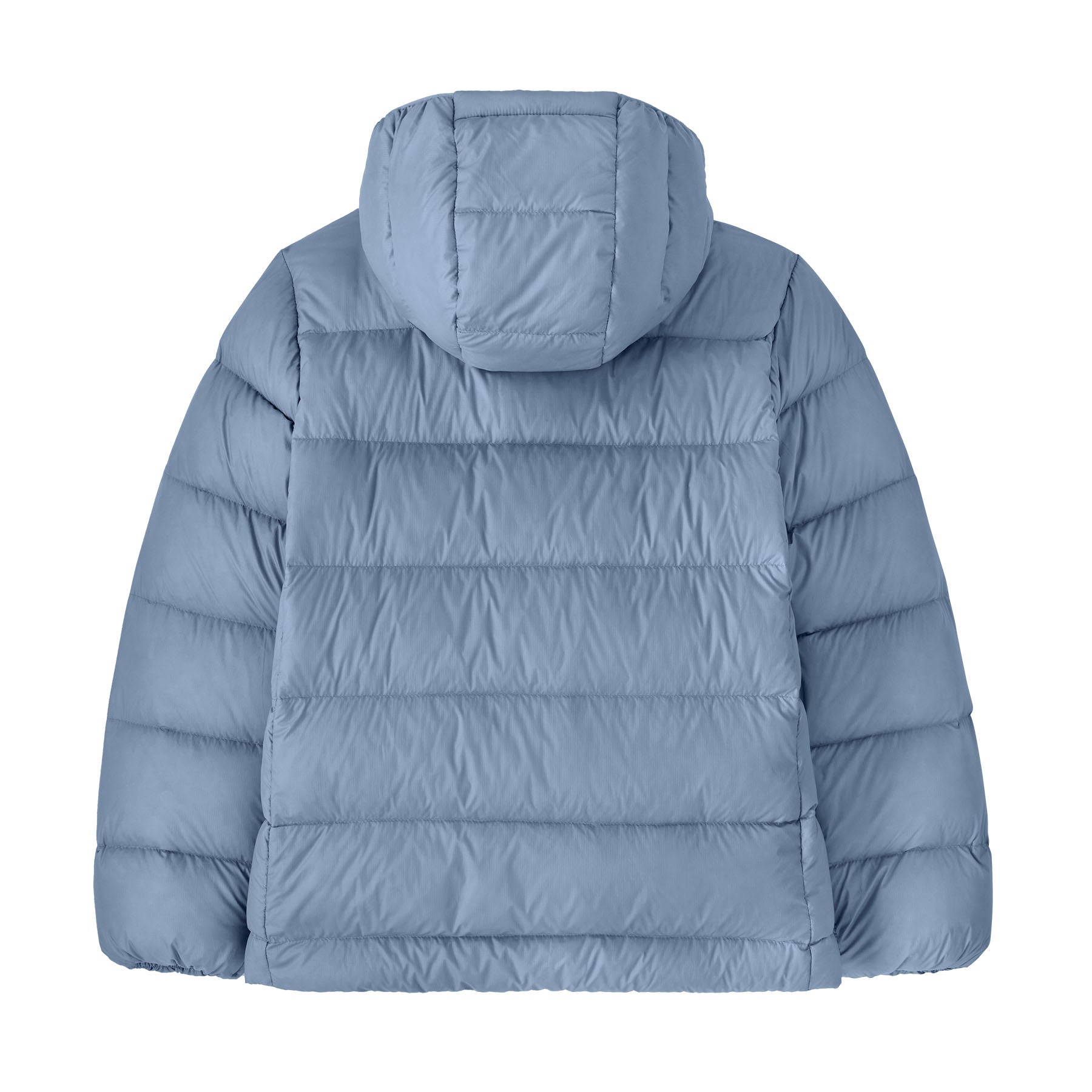 The back of the Patagonia kids hi loft down sweater hoody jacket in barnacle blue available at Babipur.