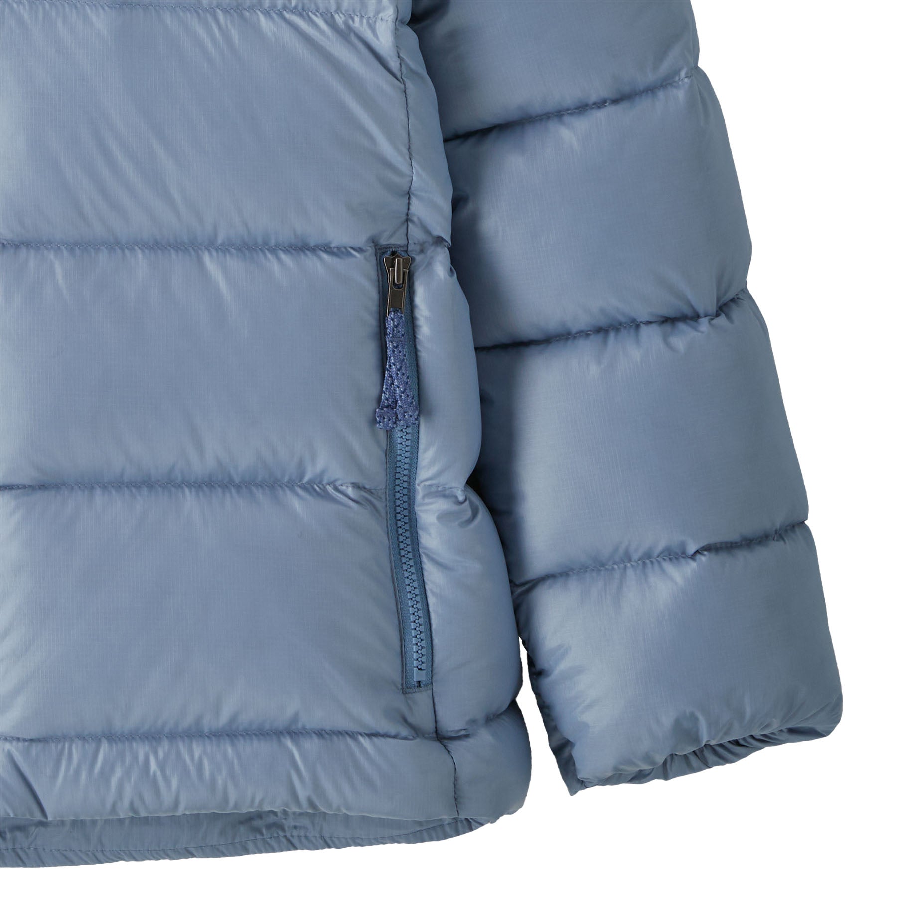 Patagonia kids hi loft down sweater hoody jacket in barnacle blue available at Babipur showing the side pocket and cuff detail
