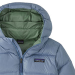 Patagonia kids hi loft down sweater hoody jacket in barnacle blue available at Babipur showing the hood detail