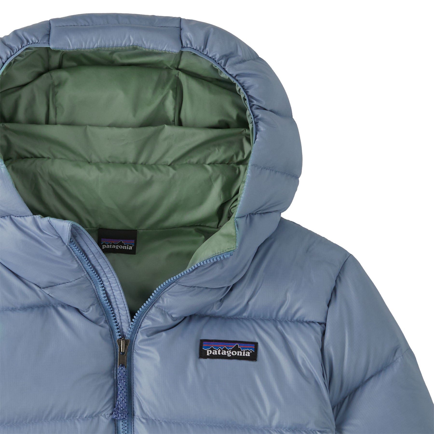 Patagonia kids hi loft down sweater hoody jacket in barnacle blue available at Babipur showing the hood detail