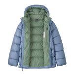 Patagonia kids hi loft down sweater hoody jacket in barnacle blue available at Babipur. A thick light blue hooded jacket with a full length zip and 2 side pockets with a handy pocket on the inside