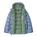 Patagonia kids hi loft down sweater hoody jacket in barnacle blue available at Babipur. A thick light blue hooded jacket with a full length zip and 2 side pockets with a handy pocket on the inside