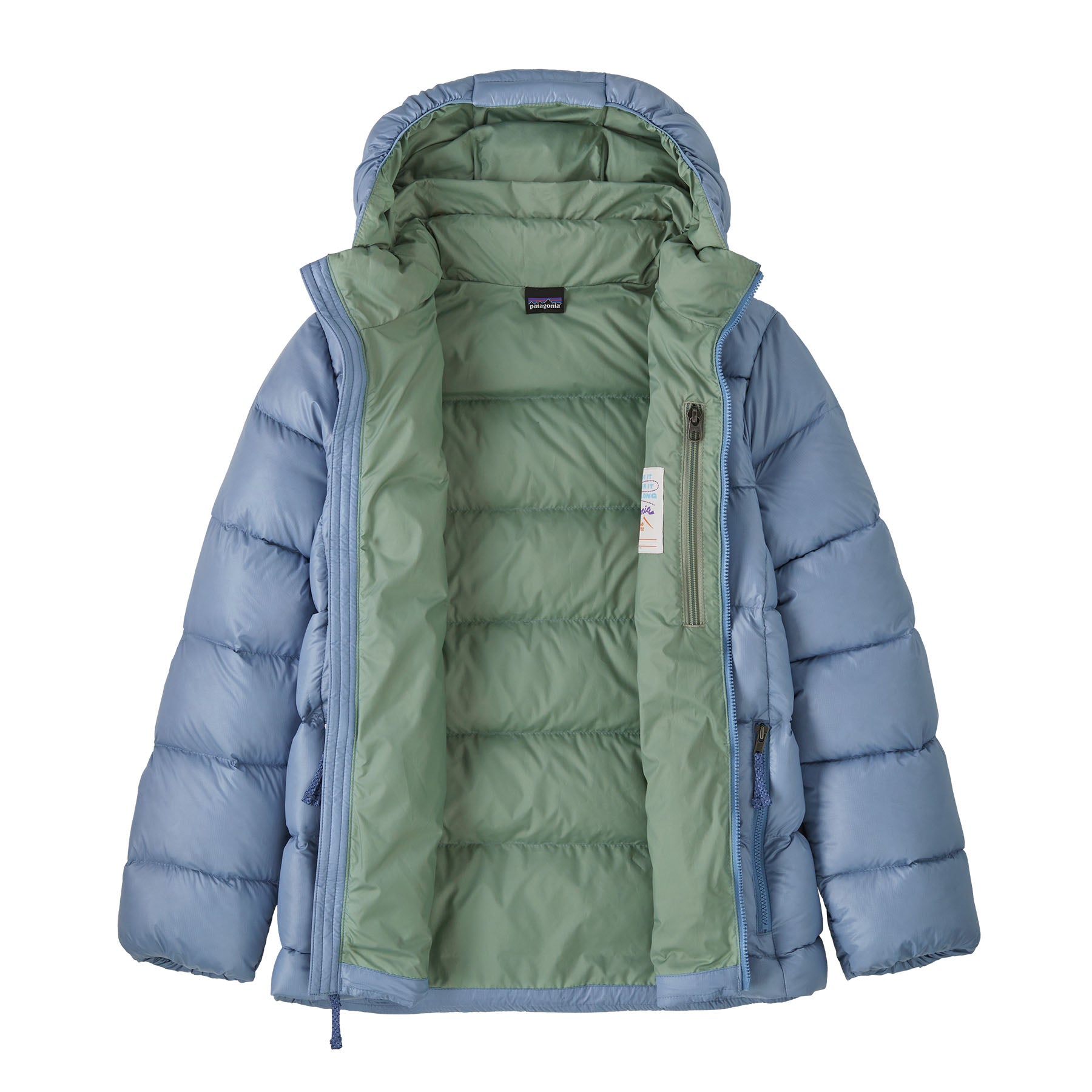 Patagonia kids hi loft down sweater hoody jacket in barnacle blue available at Babipur. A thick light blue hooded jacket with a full length zip and 2 side pockets with a handy pocket on the inside