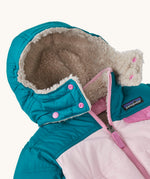 A closer look at the fleece lined, removable hood on the Patagonia Baby Reversible Tribbles Hoody 