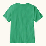 Back of Patagonia organic cotton kids p6 logo short sleeve t-shirt in green. T-shirt has a relaxed classic crew fit