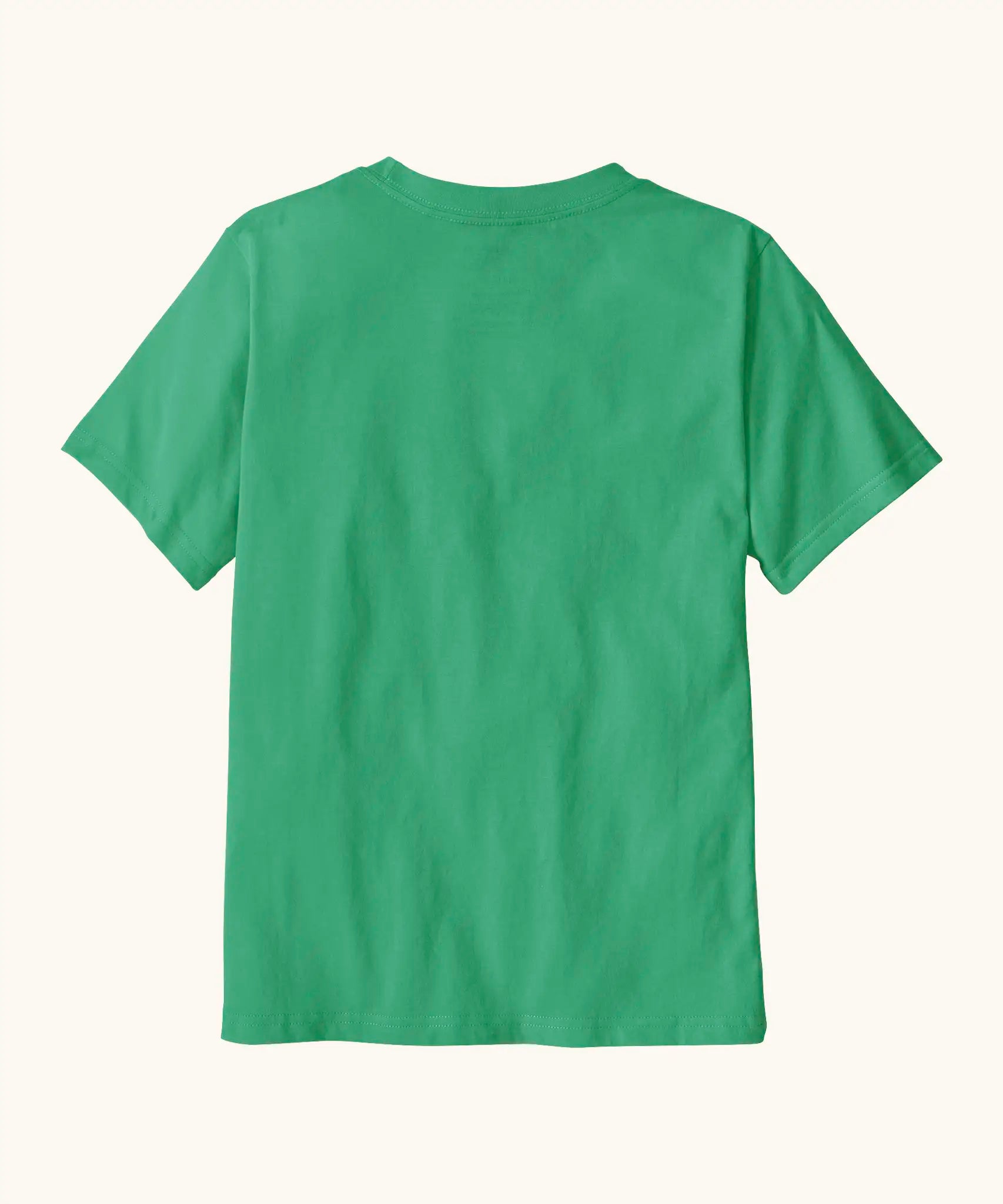 Back of Patagonia organic cotton kids p6 logo short sleeve t-shirt in green. T-shirt has a relaxed classic crew fit