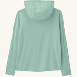 Back of Patagonia kids capilene boardshort hoody in pastel green with the hood down