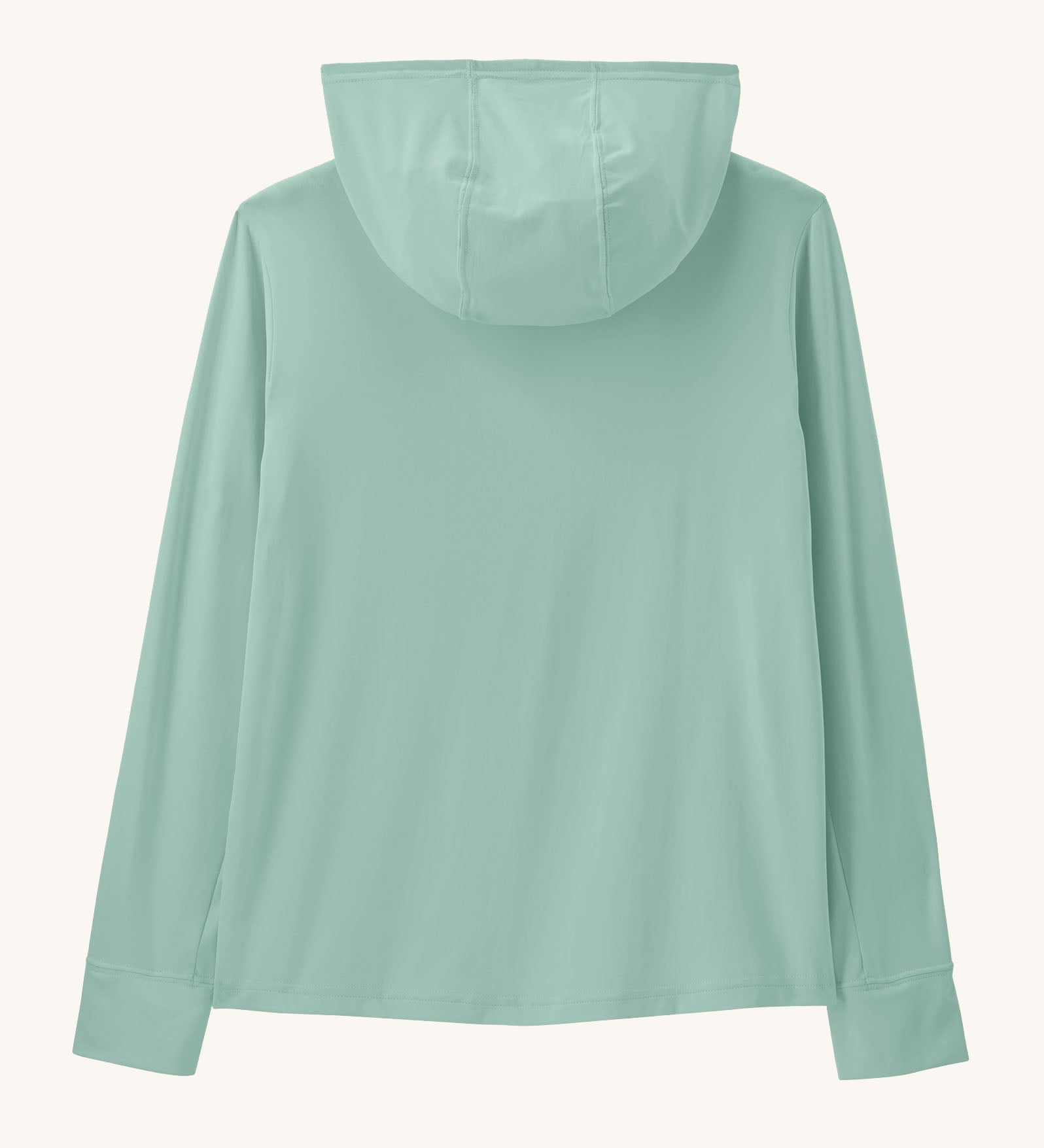 Back of Patagonia kids capilene boardshort hoody in pastel green with the hood down