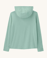 Back of Patagonia kids capilene boardshort hoody in pastel green with the hood down
