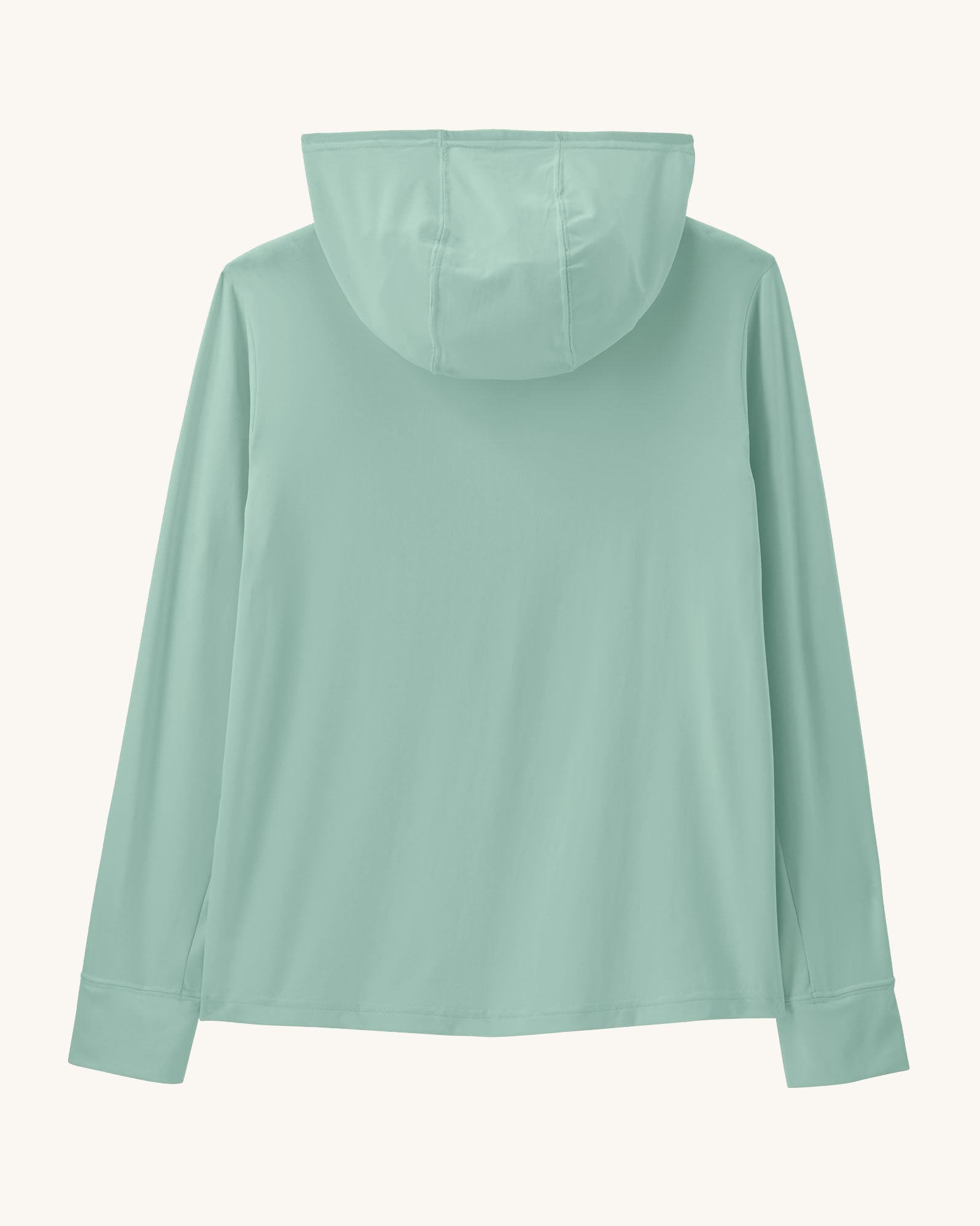 Back of Patagonia kids capilene boardshort hoody in pastel green with the hood down