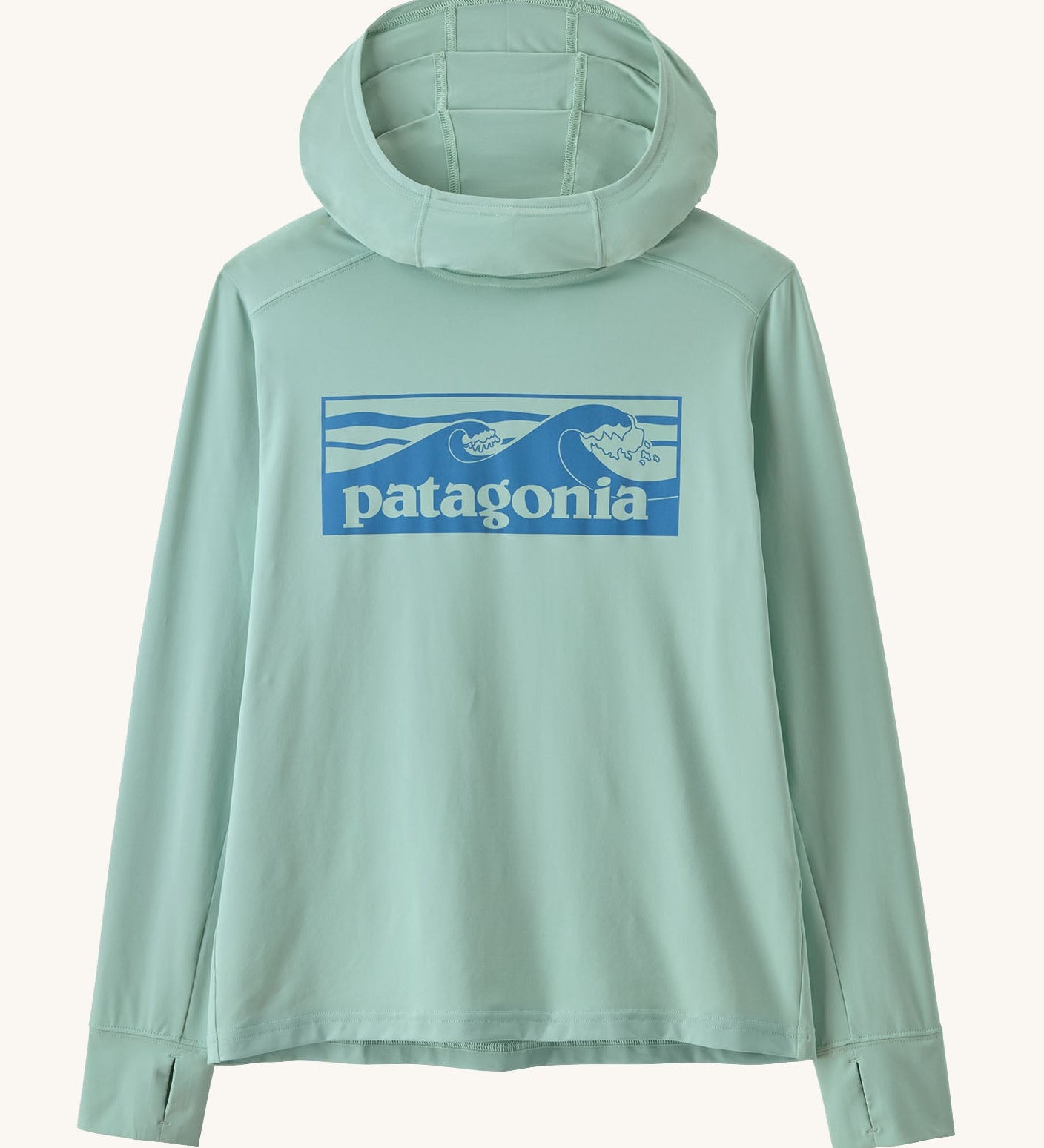 Patagonia kids capilene boardshort hoody in pastel green with blue brand graphic on upper body. Showing thumb holes