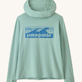 Patagonia kids capilene boardshort hoody in pastel green with blue brand graphic on upper body. Showing thumb holes