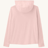 Back of Patagonia kids capilene Doral hoody in light pink showing the hood down
