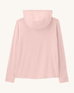 Back of Patagonia kids capilene Doral hoody in light pink showing the hood down
