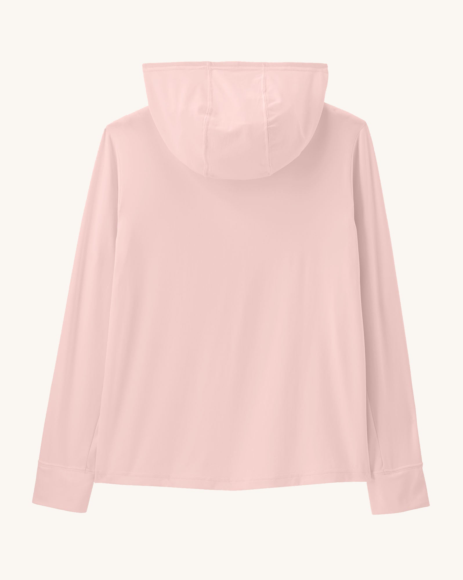 Back of Patagonia kids capilene Doral hoody in light pink showing the hood down