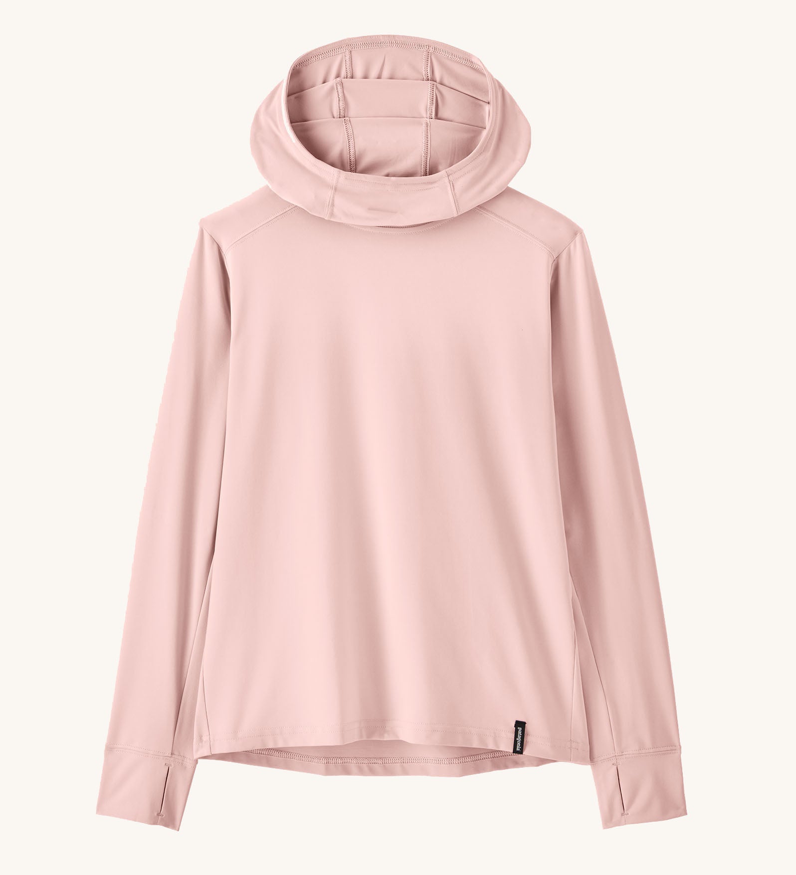Patagonia kids capilene Doral hoody in light pink showing thumb holes