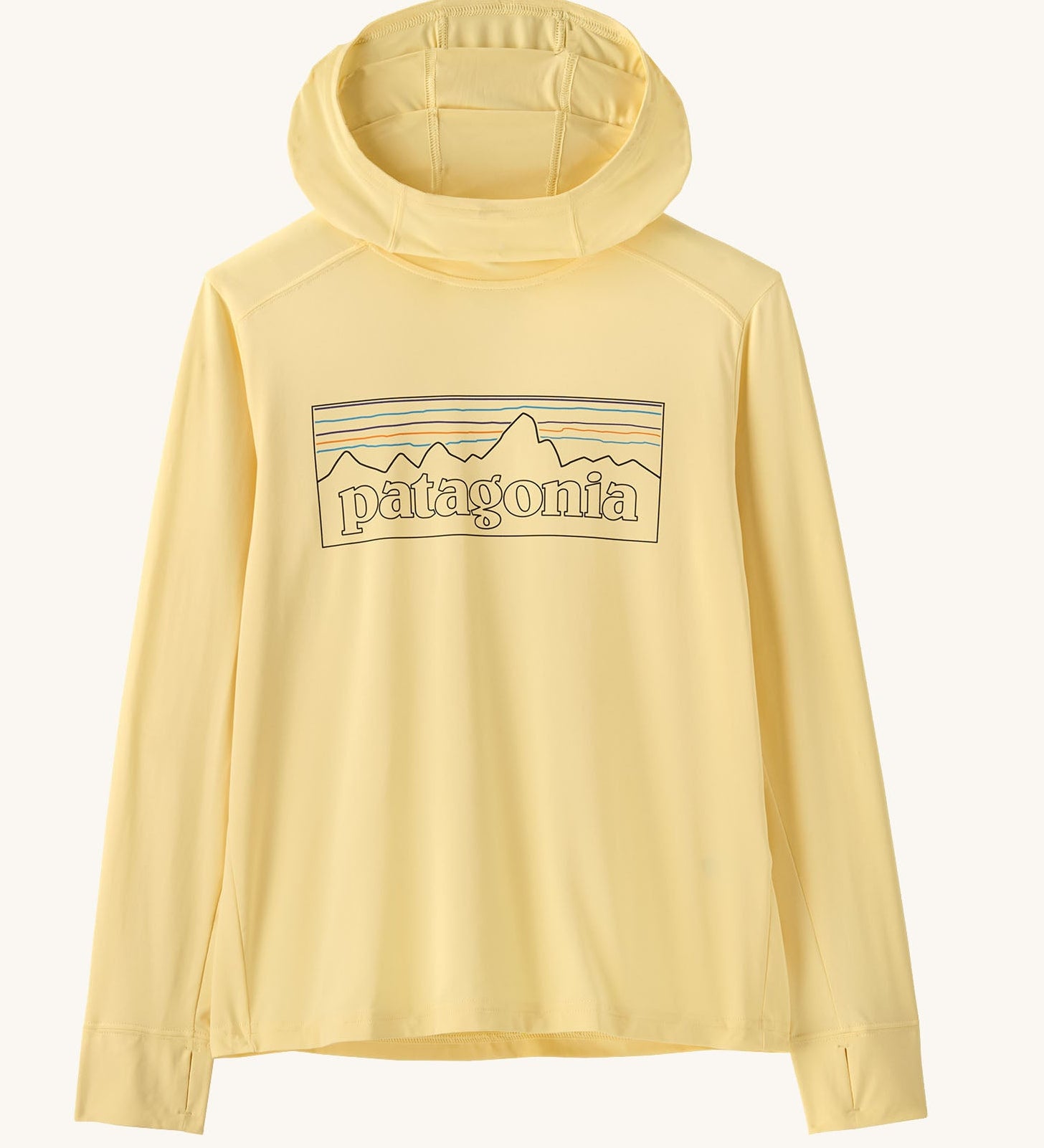 Patagonia kids capilene hoody in pastel green with yellow with brand graphic on upper body. Showing thumb holes