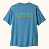 Patagonia recycled polyester kids capilene short sleeve t-shirt in light blue with large oval brand patch on upper back
