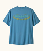 Patagonia recycled polyester kids capilene short sleeve t-shirt in light blue with large oval brand patch on upper back
