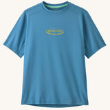 Patagonia recycled polyester kids capilene short sleeve t-shirt in light blue with small oval brand patch on upper body