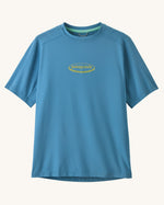 Patagonia recycled polyester kids capilene short sleeve t-shirt in light blue with small oval brand patch on upper body