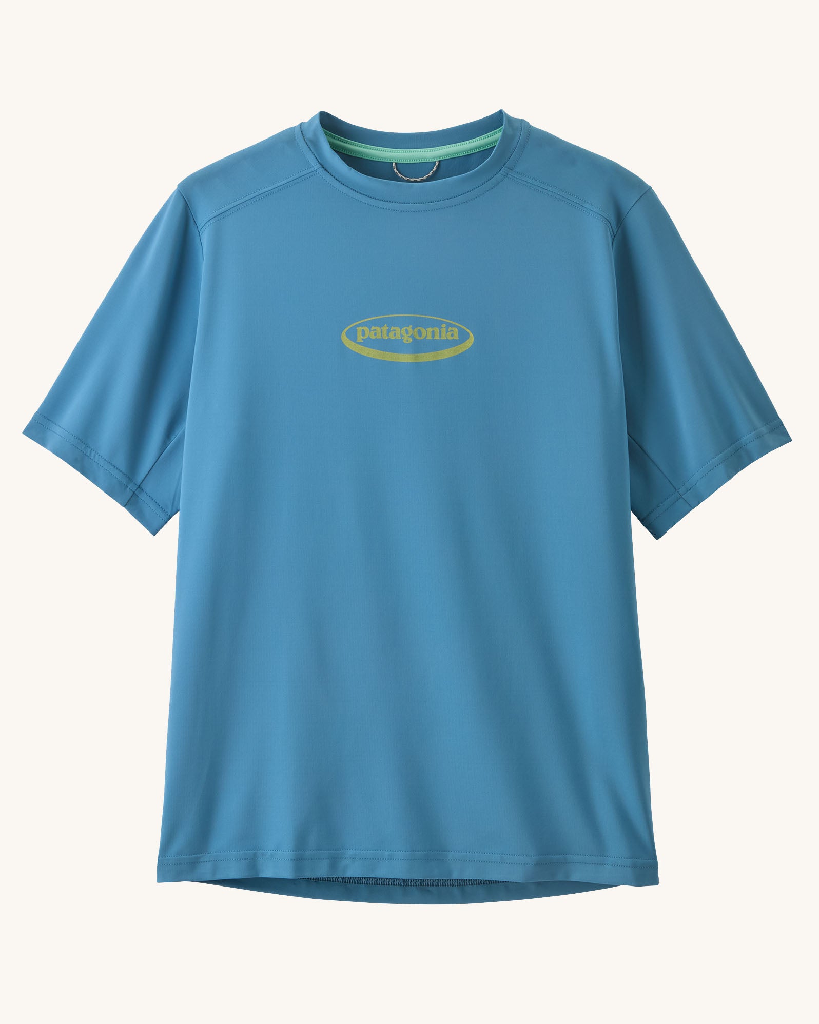 Patagonia recycled polyester kids capilene short sleeve t-shirt in light blue with small oval brand patch on upper body