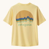 Patagonia recycled polyester kids capilene short sleeve t-shirt in yellow with large brand circular graphic on upper back