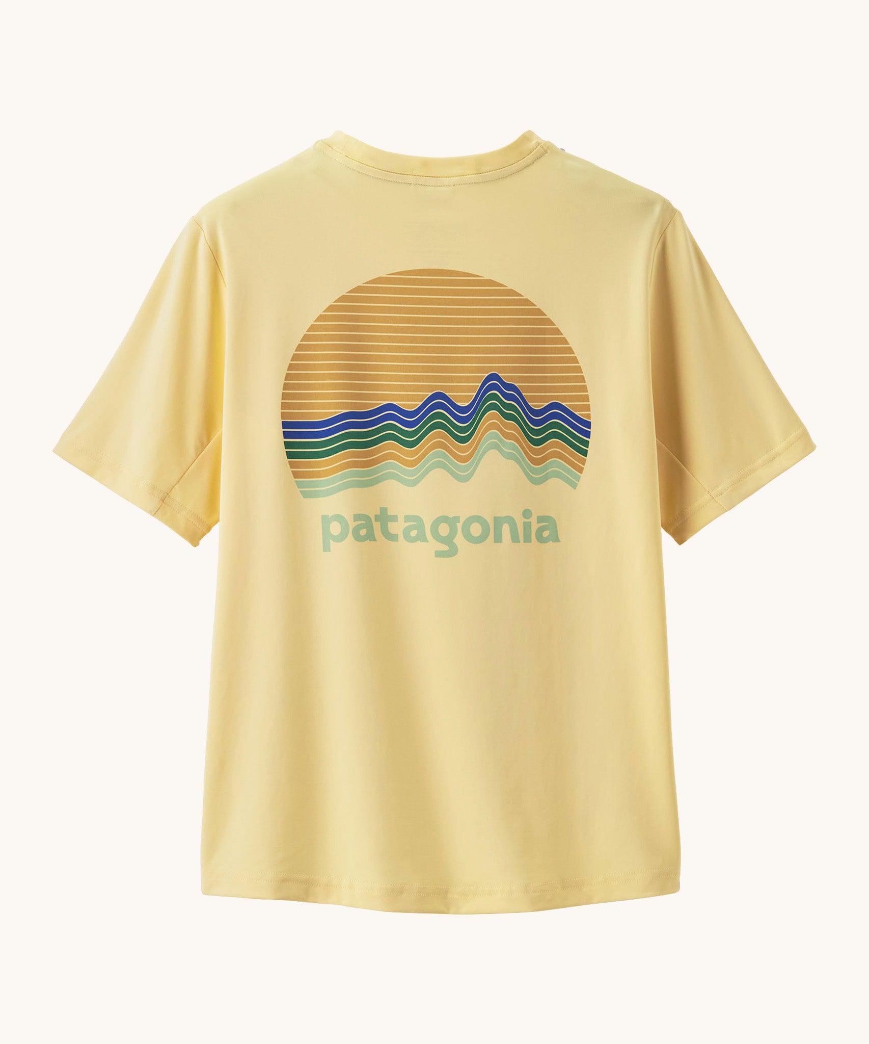 Patagonia recycled polyester kids capilene short sleeve t-shirt in yellow with large brand circular graphic on upper back