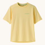 Patagonia recycled polyester kids capilene short sleeve t-shirt in yellow with light green brand text on chest. T-shirt has a regular fit