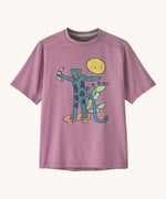 Patagonia recycled polyester kids capilene short sleeve t-shirt in pastel purple with a large skating jaguar print 