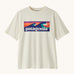 Patagonia recycled polyester kids capilene boardshort short sleeve t-shirt in white with brand patch on upper body. T-shirt has a regular fit