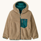 Patagonia kids reversible ready freddy hoody in cascade green available at Babipur. A 100% recycled polyester  thick pile fleece jacket with a green alternative  Features a full length zip and 2 side pockets. 
