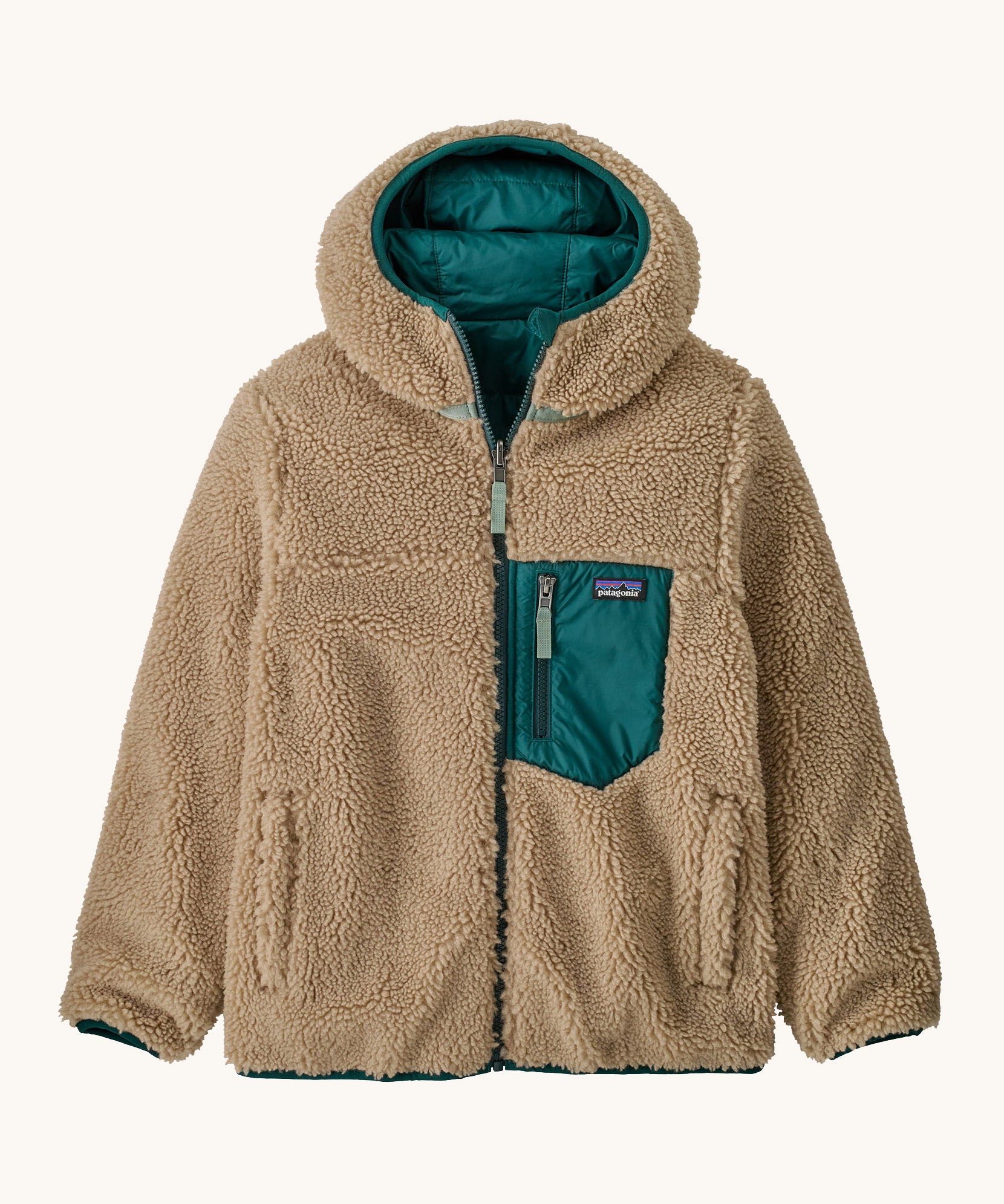 Patagonia kids reversible ready freddy hoody in cascade green available at Babipur. A 100% recycled polyester  thick pile fleece jacket with a green alternative  Features a full length zip and 2 side pockets. 