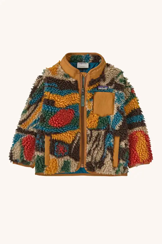 Patagonia Little Kids Retro-X® zip up jacket in Let's Chat / Den Brown (brown, red and green patch print with tan piping and chest pocket).
