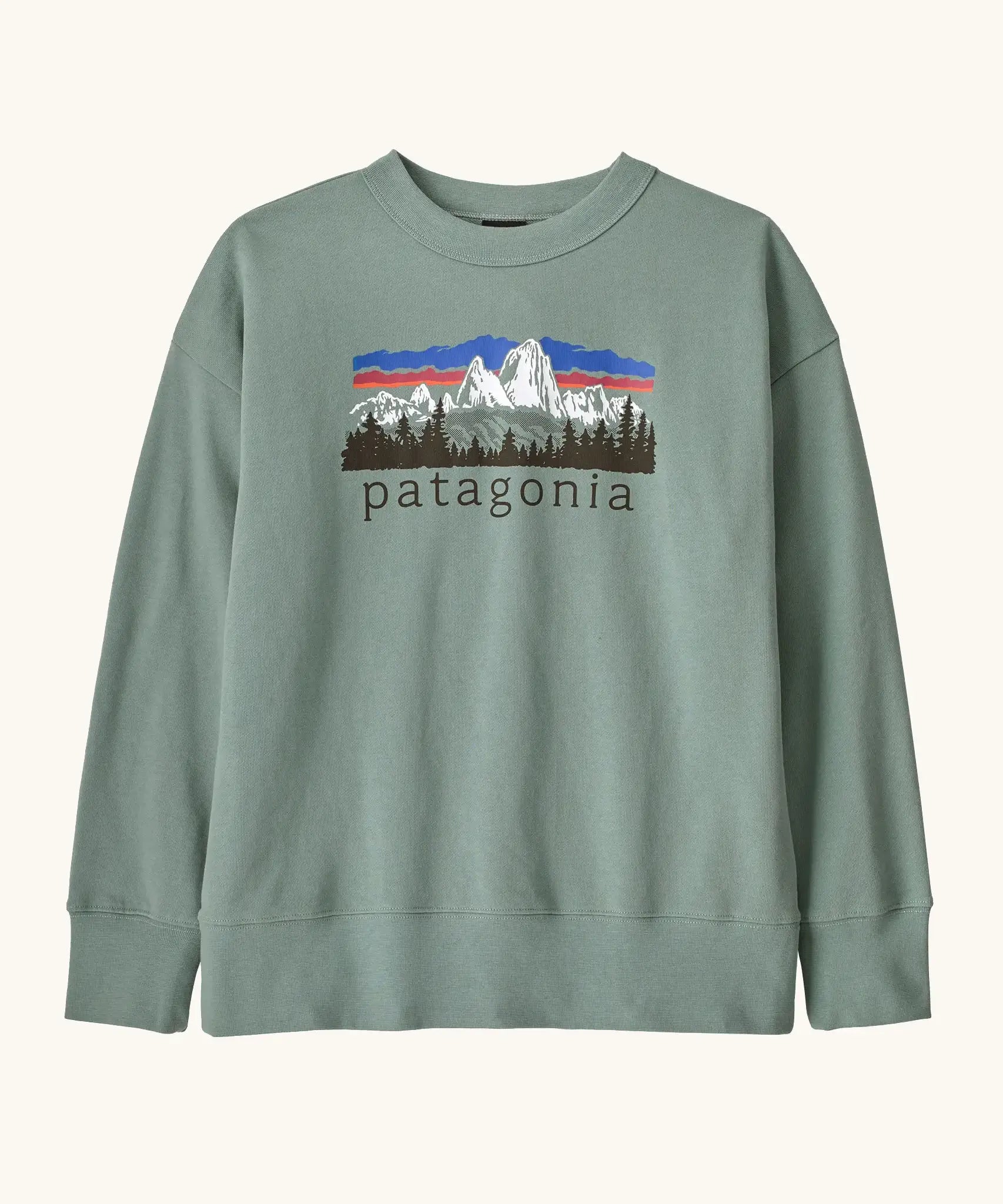Patagonia Kids Cotton crew Sweatshirt in Cover Green. A sage green body with a vintage-style Patagonia Fitz Roy Foothills logo on the chest.