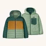 An image showing the Patagonia Kids Reversible Down Hoody jackets in ellwood green side by side showing the different colourways 