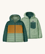 An image showing the Patagonia Kids Reversible Down Hoody jackets in ellwood green side by side showing the different colourways 