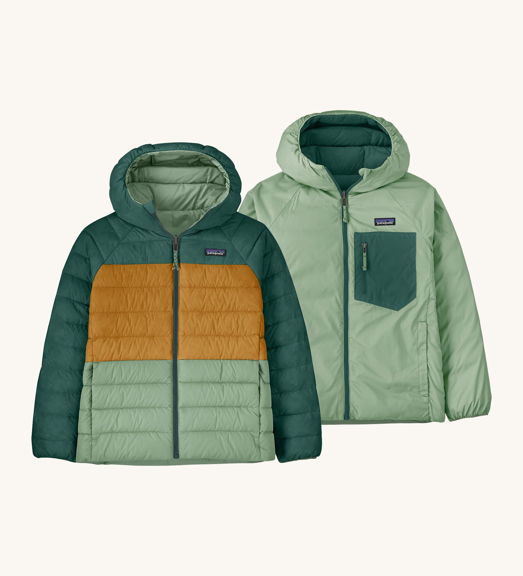 An image showing the Patagonia Kids Reversible Down Hoody jackets in ellwood green side by side showing the different colourways 