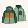 An image showing the Patagonia Kids Reversible Down Hoody jackets in ellwood green side by side showing the different colourways 