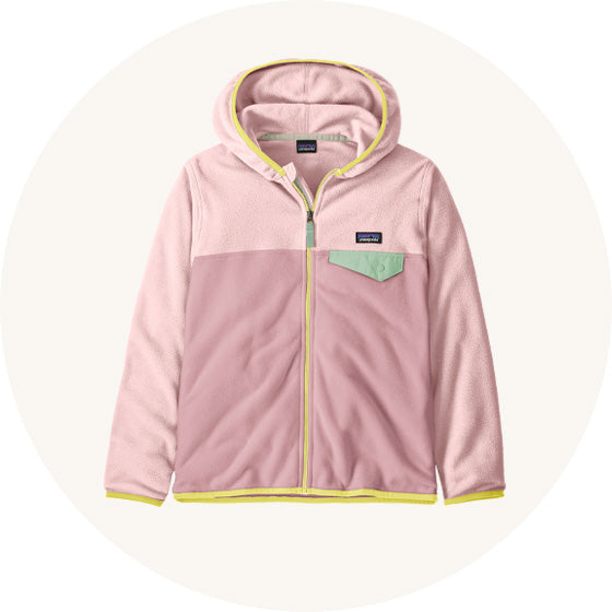 Patagonia Kid's Micro D Snap-T hooded fleece Jacket in Quiet Violet - pink and mauve colourblock with yellow piping - to represent Patagonia kids hoodies and fleeces at Babipur.
