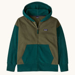 Patagonia kids full zip hoody sweatshirt in basin green. A 100% regenerative cotton hoody in green and khaki with a brand patch graphic on the chest. Features a full length zip and pouch side pockets.