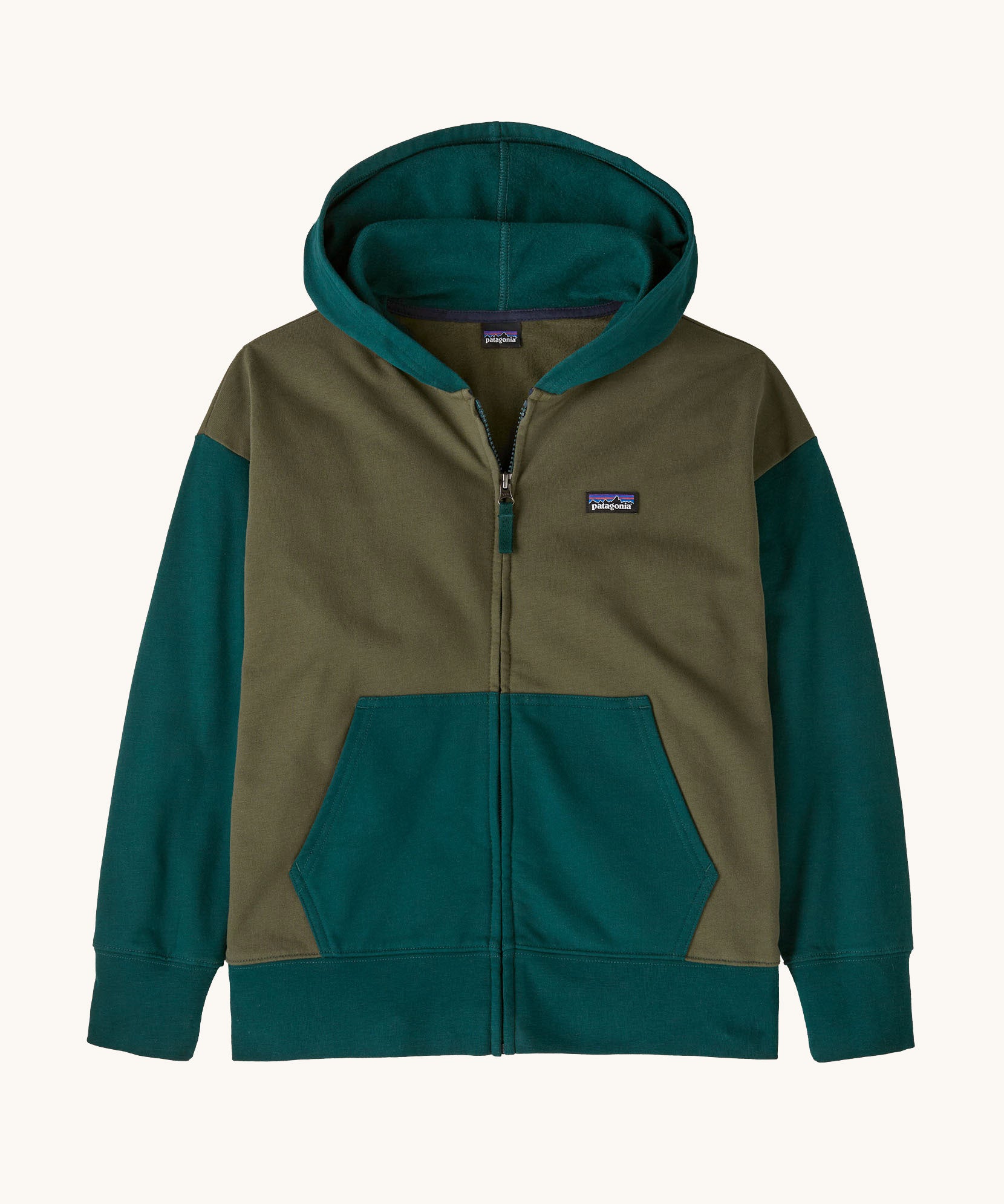 Patagonia kids full zip hoody sweatshirt in basin green. A 100% regenerative cotton hoody in green and khaki with a brand patch graphic on the chest. Features a full length zip and pouch side pockets.