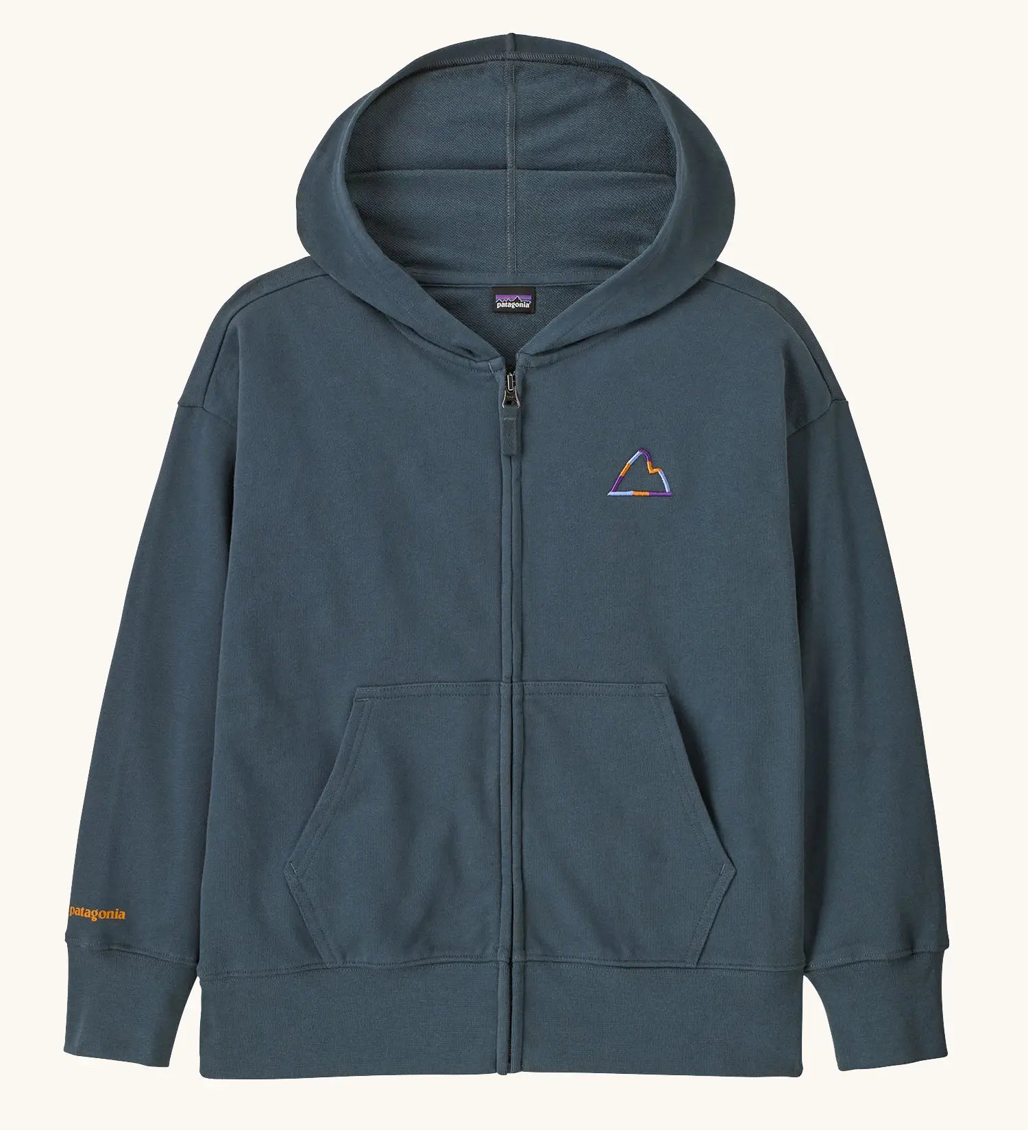 Patagonia Kids Full-Zip Hoody Sweatshirt in blue showing a full front zip, small mountain embroidery on upper chest and pouch pockets