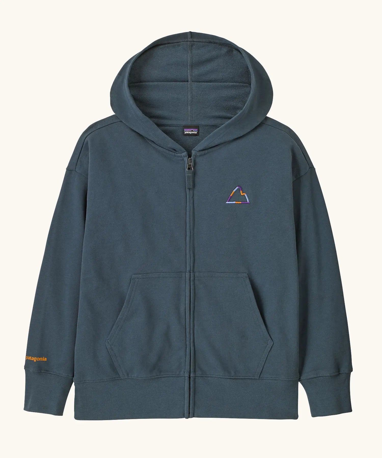 Patagonia Kids Full-Zip Hoody Sweatshirt in blue showing a full front zip, small mountain embroidery on upper chest and pouch pockets